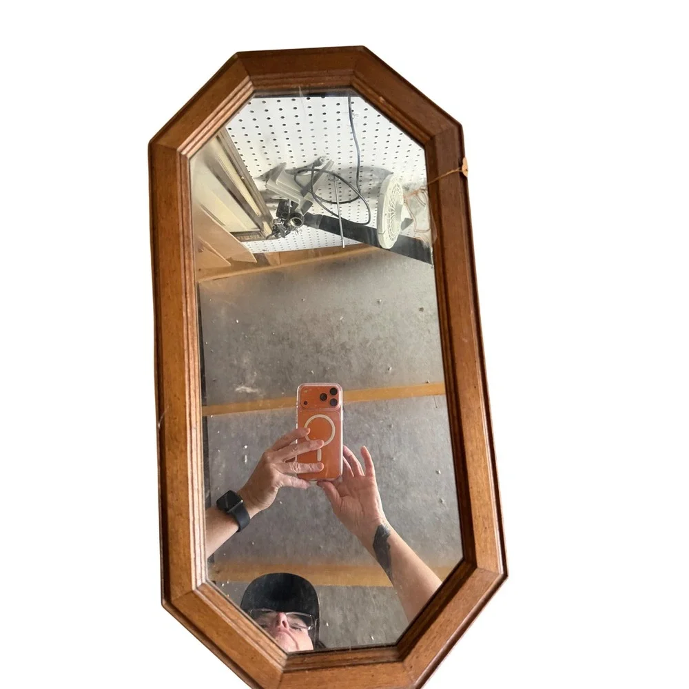 Vintage Octagon Wood Wall Mirror Mid Century Modern Brown Geometric 22.5x12.5